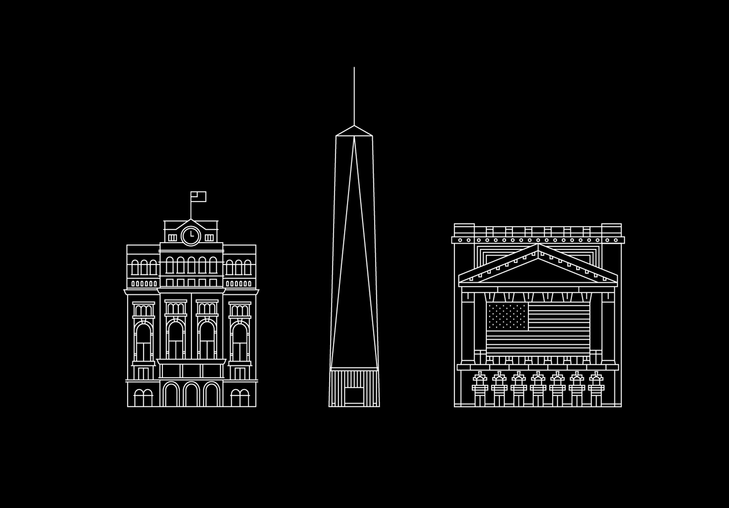 Illustrations of key New York buildings in New York City including the One World Trade and the Empire State Building
