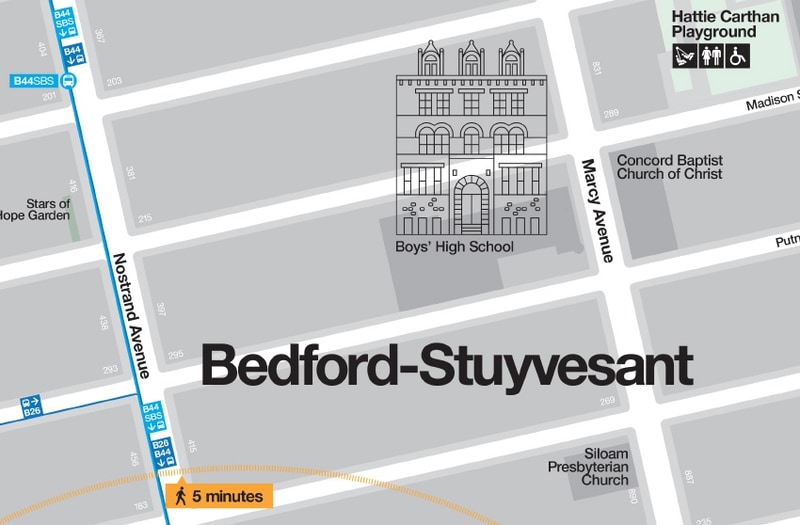 Map and cartography design depicting a Bedford-Stuyvesant with Helvetica for NYC DOT Walk NYC pedestrian wayfinding program