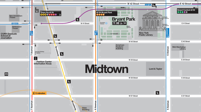 Map and cartography design with Helvetica for NYC DOT Walk NYC pedestrian wayfinding program