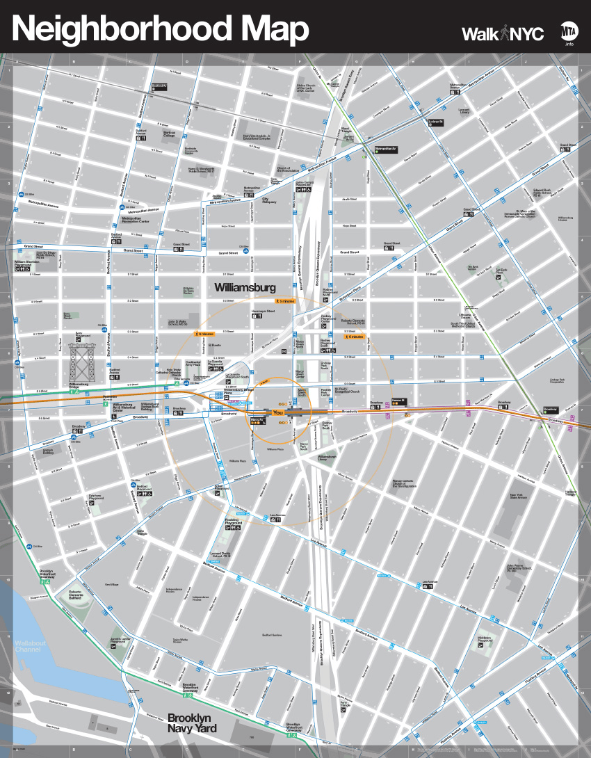 Map and cartography design with Helvetica for NYC DOT Walk NYC pedestrian wayfinding program
