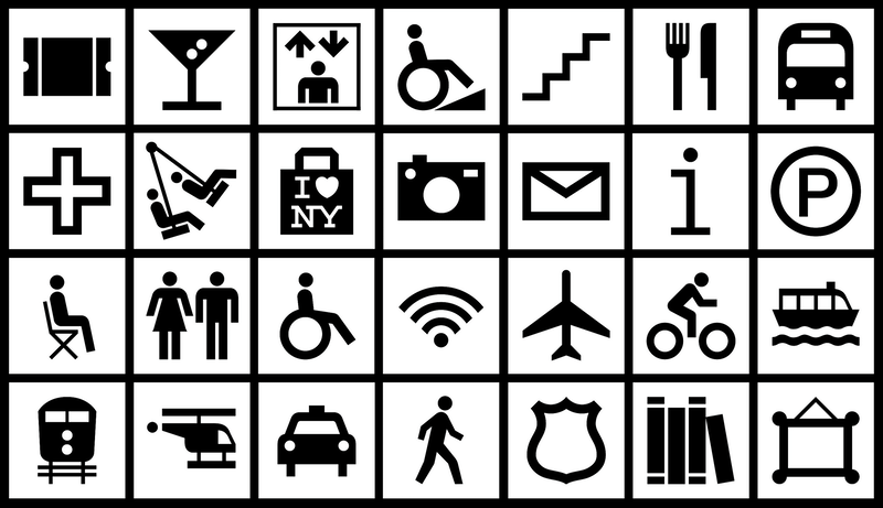 Icons for the NYC DOT Walk NYC pedestrian wayfinding program